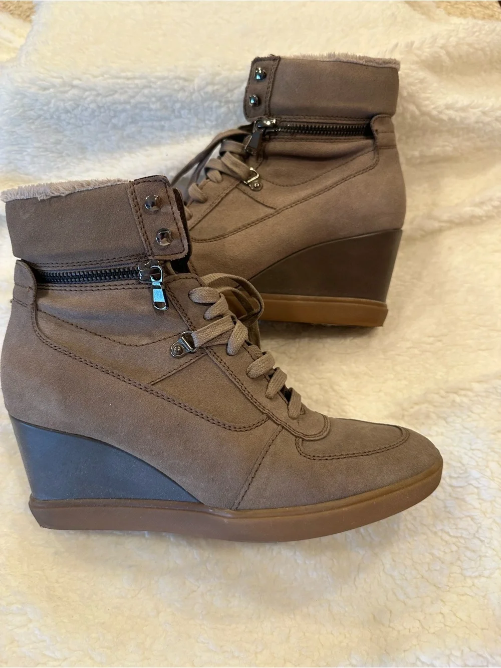 Geox Taupe Suede Wedge Lace-Up Ankle Boots